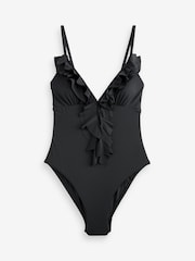Black Waterfall Frill Plunge Tummy Control Swimsuit - Image 6 of 8