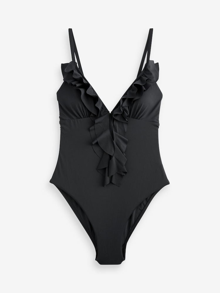 Black Waterfall Frill Plunge Tummy Control Swimsuit - Image 6 of 8