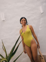 Green Texture Scoop Trim Tummy Control Swimsuit - Image 3 of 9
