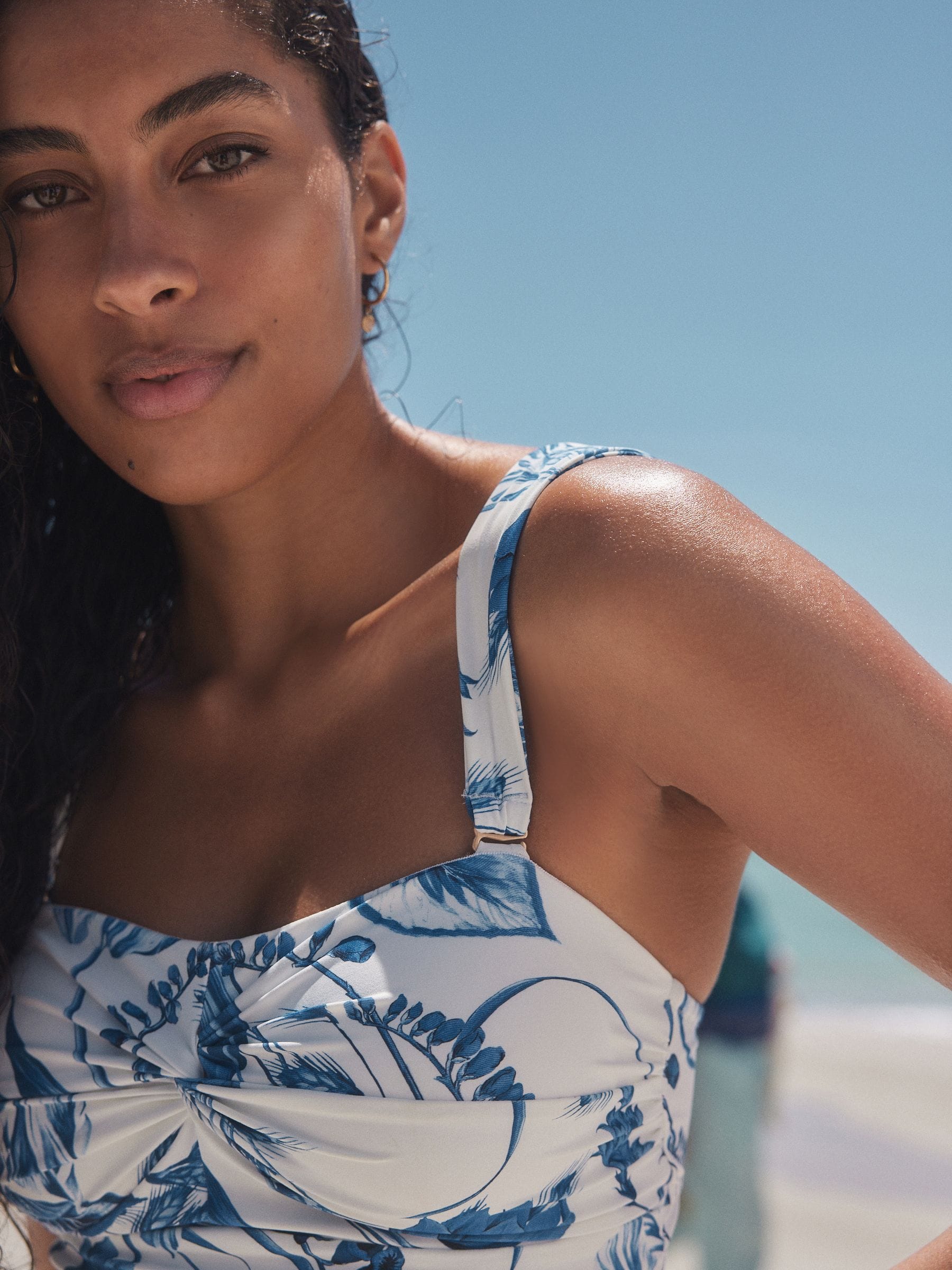 Buy White/Blue Floral Wide Strap Tummy Control Bandeau Tankini Top