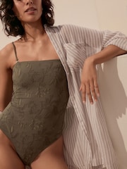 Verde caqui - Traje de baño de palabra de honor con bordados y efecto reductor del vientre - Imagen 5 de 11