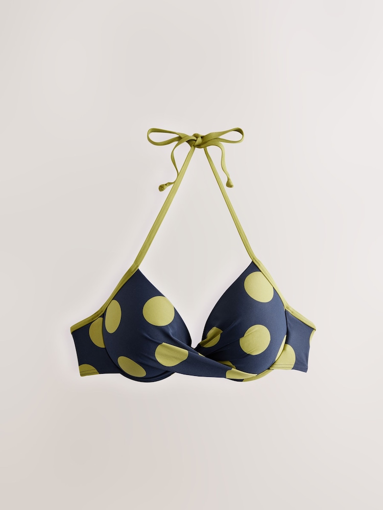 Navy/Lime Green Spot Padded Wired Plunge Bikini Top - Image 5 of 7