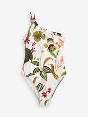 Cream Floral One Shoulder Pleated Tummy Control Swimsuit - Image 5 of 7