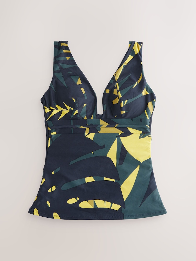 Navy/Khaki Palm Plunge Tummy Control Tankini Top - Image 6 of 8