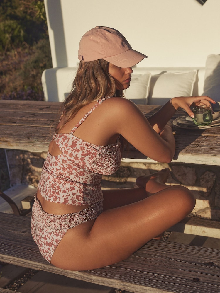 Motif floral rose/crème - Tankini bandeau froncé avec contrôle du ventre - Image 3 of 5