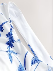 White/Blue Floral Plunge Shaping Tummy Control Swimsuit - Image 10 of 10