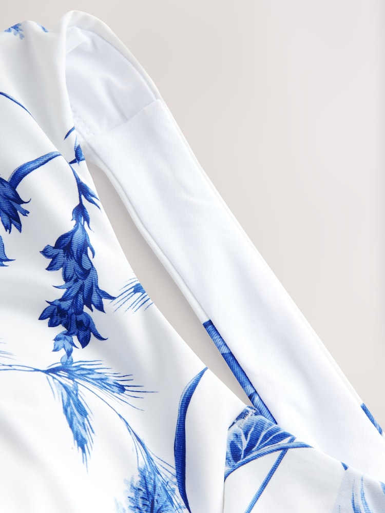 White/Blue Floral Plunge Shaping Tummy Control Swimsuit - Image 10 of 10