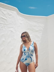White/Blue Floral Plunge Shaping Tummy Control Swimsuit - Image 3 of 10