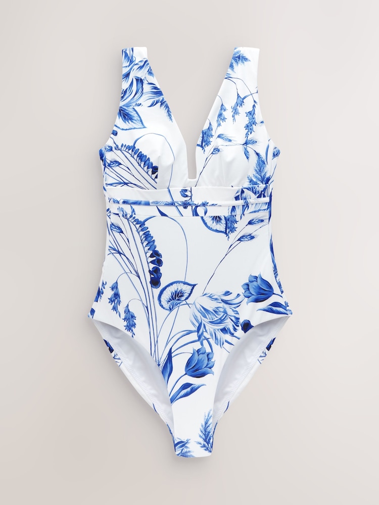 White/Blue Floral Plunge Shaping Tummy Control Swimsuit - Image 7 of 10