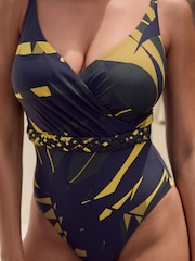 Navy/Lime Leaf - Plaited Belt Tummy Control Plunge Wrap Swimsuit - Imagen 5 de 11