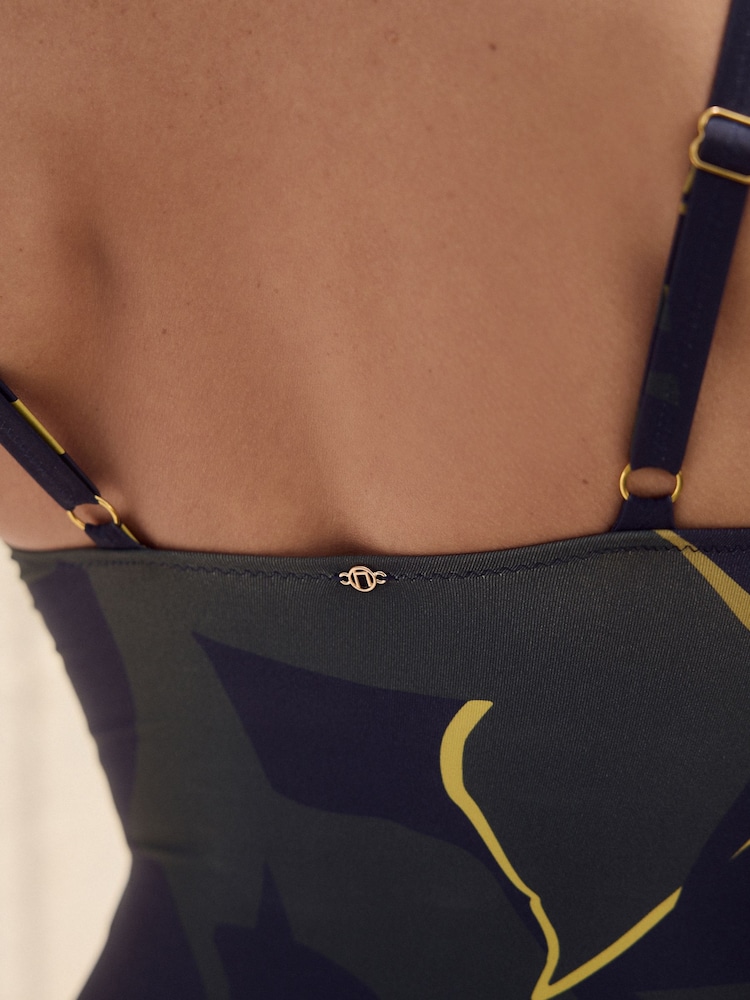 Navy/Lime Leaf Plaited Belt Tummy Control Plunge Wrap Swimsuit - Image 7 of 11