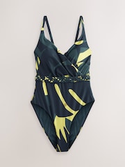 Navy/Lime Leaf - Plaited Belt Tummy Control Plunge Wrap Swimsuit - Imagen 8 de 11