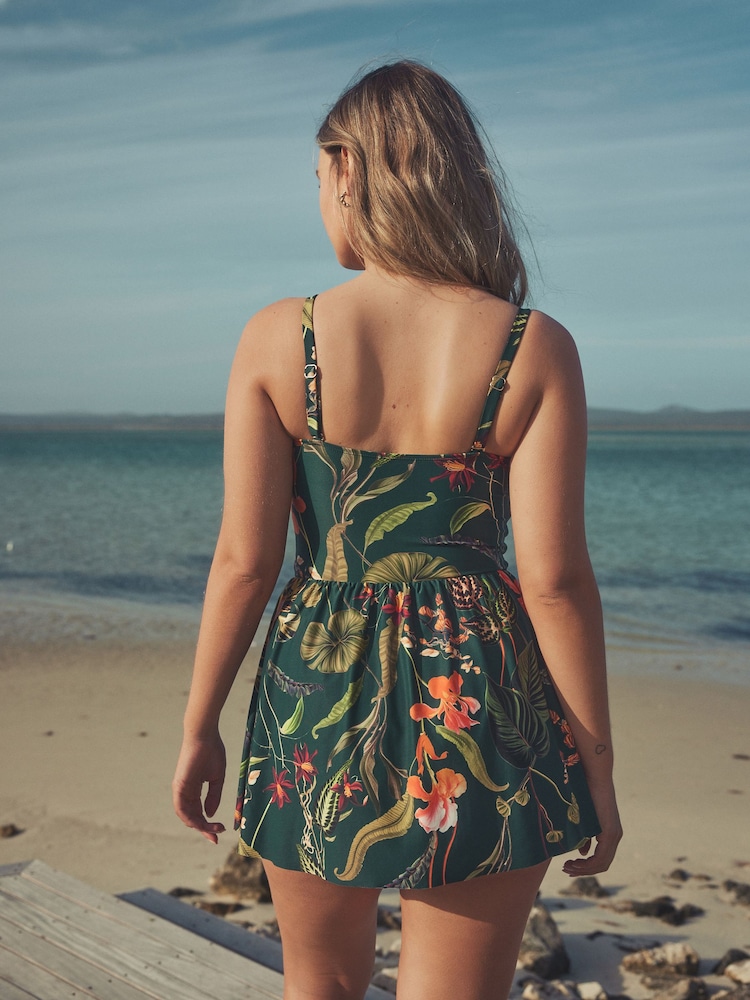 Dark Green Floral Shaping Shirred Bandeau Skirted Swimdress - Image 2 of 5
