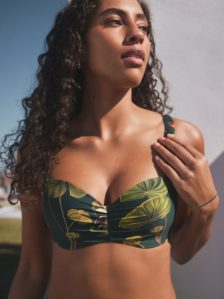 Vert foncé imprimé floral - Haut de bikini bandeau filaire - Image 4 of 9