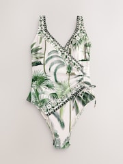 Ecru Palm Ruched Side Tummy Shaping Control Swimsuit - Image 7 of 10