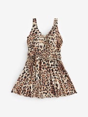 Brown Leopard Print Shaping Tummy Control Skirted Swim Dress - Image 7 of 9