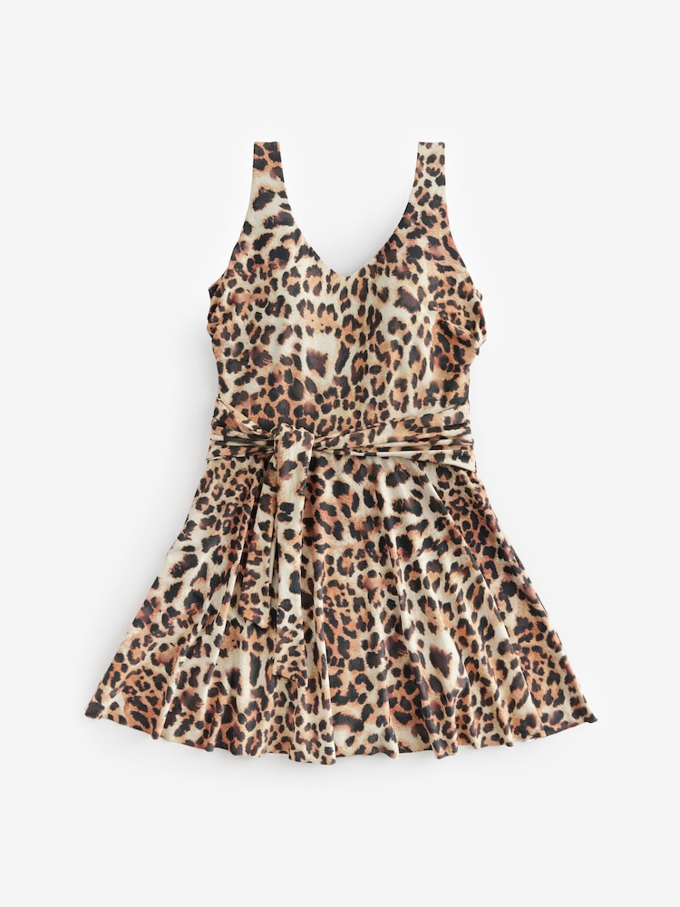 Brown Leopard Print Shaping Tummy Control Skirted Swim Dress - Image 7 of 9