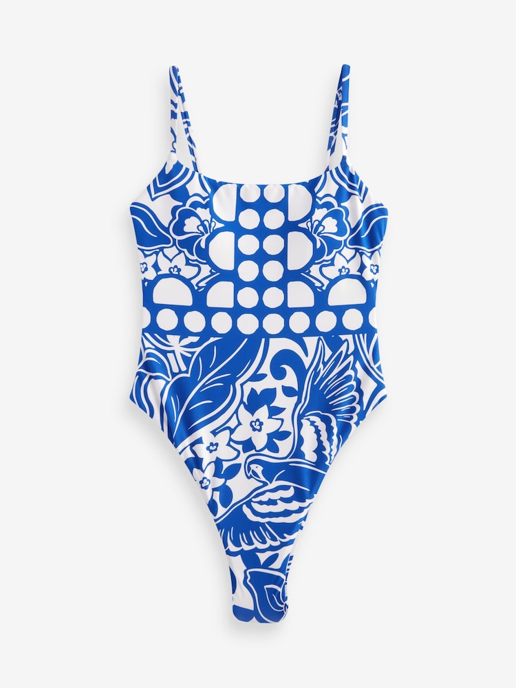Blue/White Tummy Control High Leg Scoop Swimsuit - Image 5 of 7