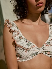 Ecru/Coral Trellis Palm Beaded Frill Crop Bikini Top - Image 1 of 5