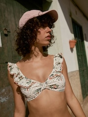 Ecru/Coral Trellis Palm Beaded Frill Crop Bikini Top - Image 4 of 5