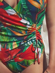 Red/Green Tropical Ruched Side Tummy Shaping Control Swimsuit - Image 6 of 10