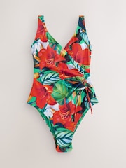 Red/Green Tropical Ruched Side Tummy Shaping Control Swimsuit - Image 7 of 10