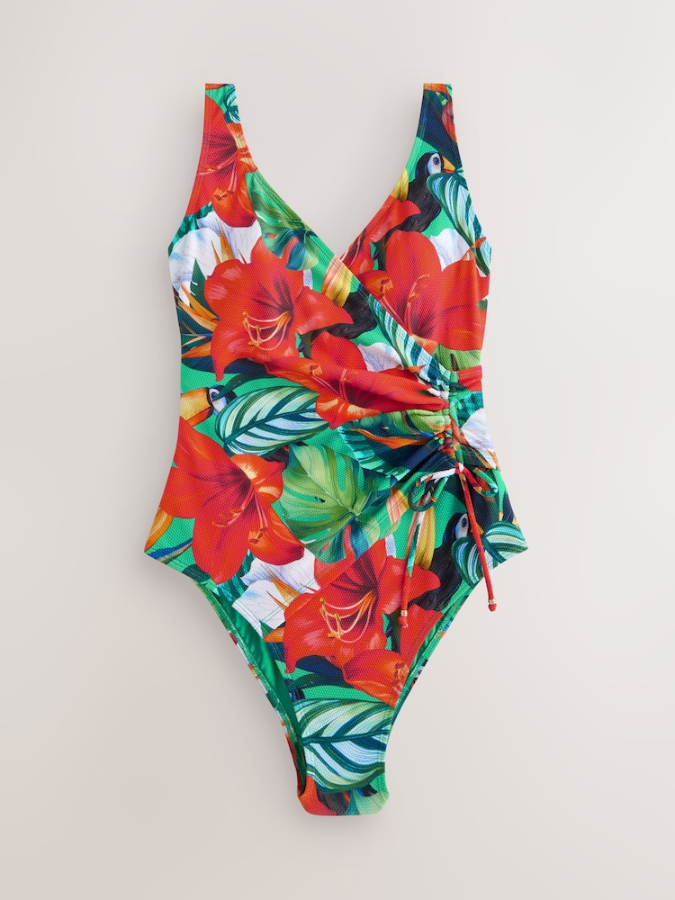 Red/Green Tropical Ruched Side Tummy Shaping Control Swimsuit - Image 7 of 10