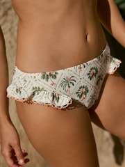 Ecru/koralowy z motywem palm - Wysoko wycięty dół bikini z falbanką i koralikami - Image 4 of 5