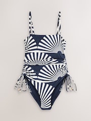 Navy/Ecru Fan Print Bandeau Ruched Leg Tummy Control Shaping Swimsuit - Image 7 of 10