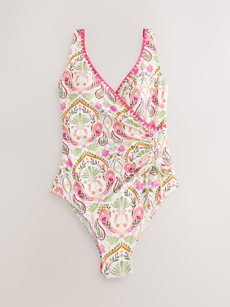 Cream/Pink Paisley Whipstitch Ruched Side Tummy Shaping Control Swimsuit - Image 7 of 9