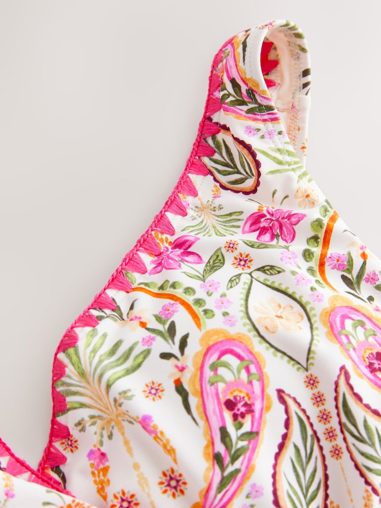 Cream/Pink Paisley Whipstitch Ruched Side Tummy Shaping Control Swimsuit - Image 9 of 9