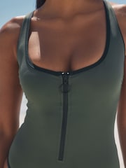 Khaki Green Zipped Shaping Tummy Control Swimsuit - Image 5 of 10