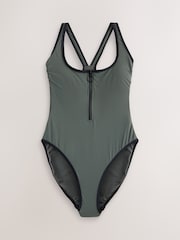 Khaki Green Zipped Shaping Tummy Control Swimsuit - Image 7 of 10