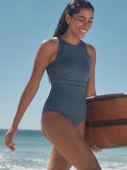 Steel Blue High Neck Tummy Control Shaping Swimsuit - Image 1 of 5