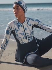 Navy/White Floral Long Sleeve Modesty Burkini Shaping Swimsuit - Image 1 of 13