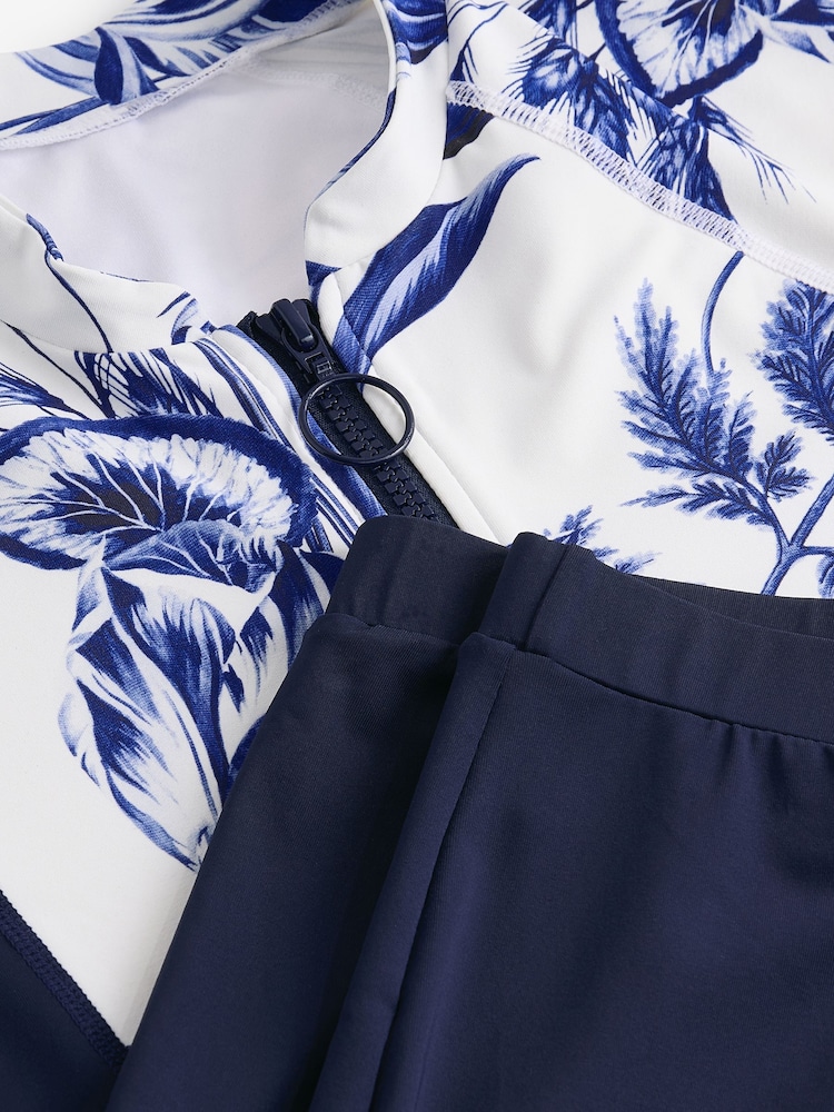 Navy/White Floral Long Sleeve Modesty Burkini Shaping Swimsuit - Image 13 of 13