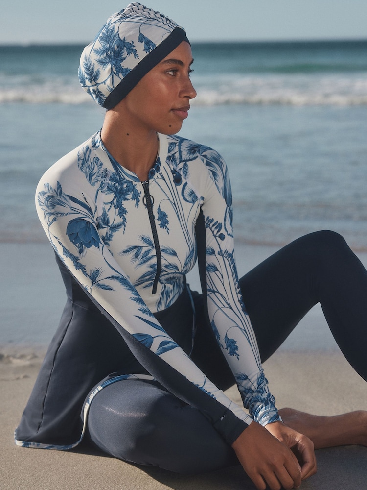 Navy/White Floral Long Sleeve Modesty Burkini Shaping Swimsuit - Image 2 of 13