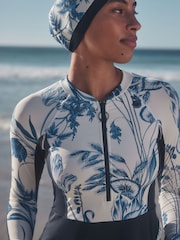 Navy/White Floral Long Sleeve Modesty Burkini Shaping Swimsuit - Image 3 of 13