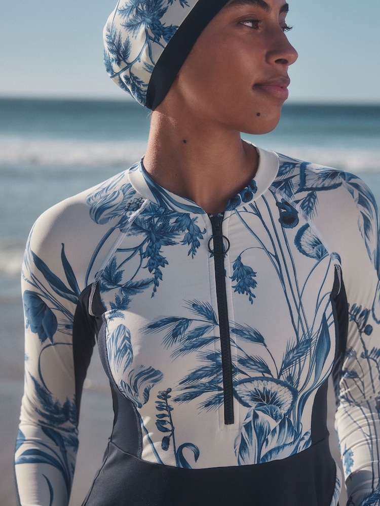 Navy/White Floral Long Sleeve Modesty Burkini Shaping Swimsuit - Image 3 of 13