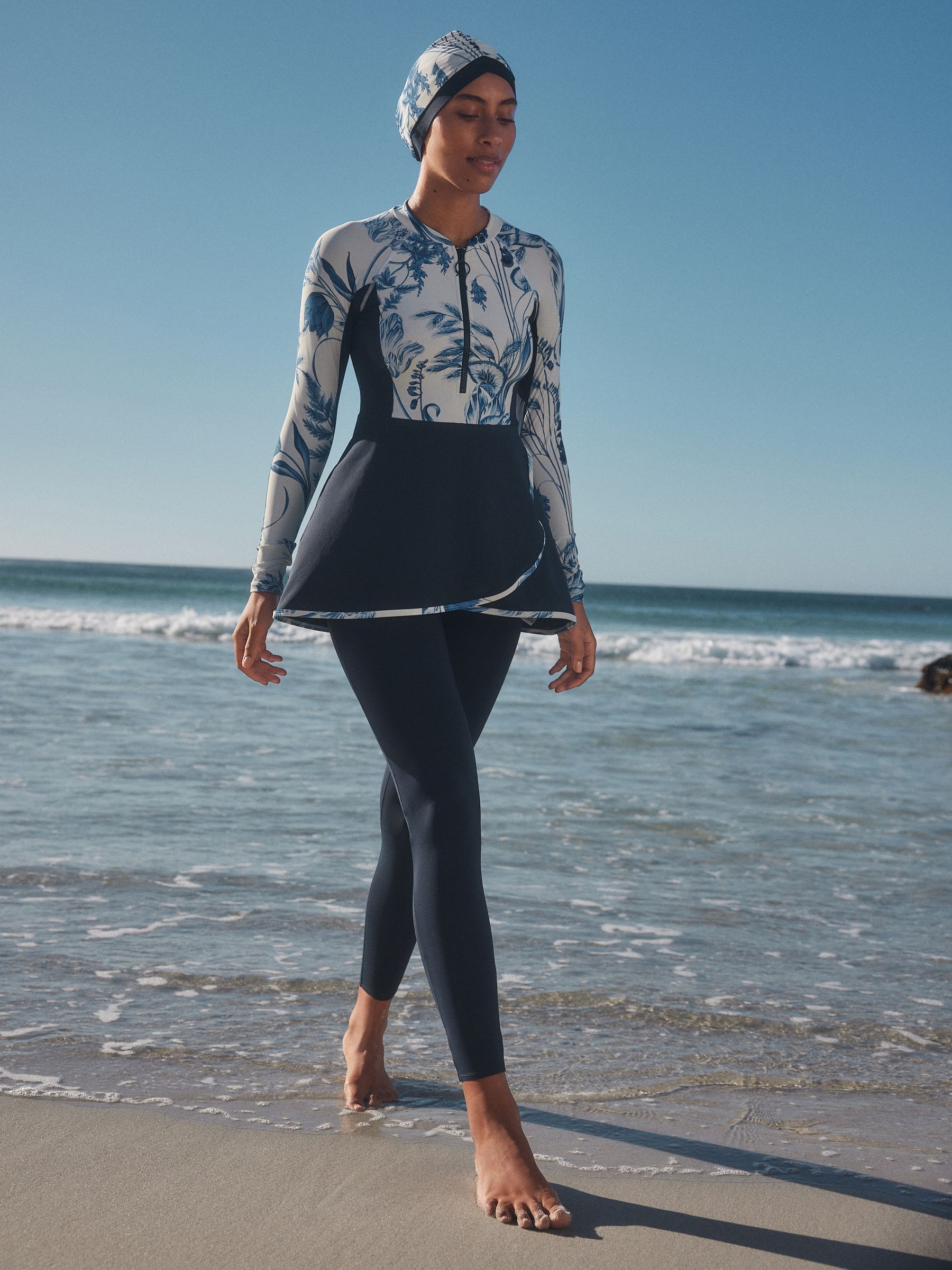 Buy Navy/White Floral Long Sleeve Modesty Burkini Shaping Swimsuit