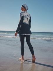 Navy/White Floral Long Sleeve Modesty Burkini Shaping Swimsuit - Image 5 of 13