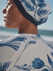 Navy/White Floral Long Sleeve Modesty Burkini Shaping Swimsuit - Image 6 of 13