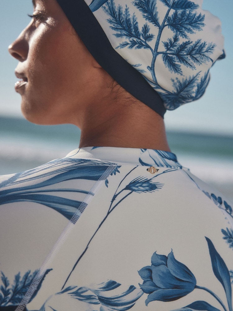 Navy/White Floral Long Sleeve Modesty Burkini Shaping Swimsuit - Image 6 of 13