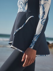 Navy/White Floral Long Sleeve Modesty Burkini Shaping Swimsuit - Image 7 of 13