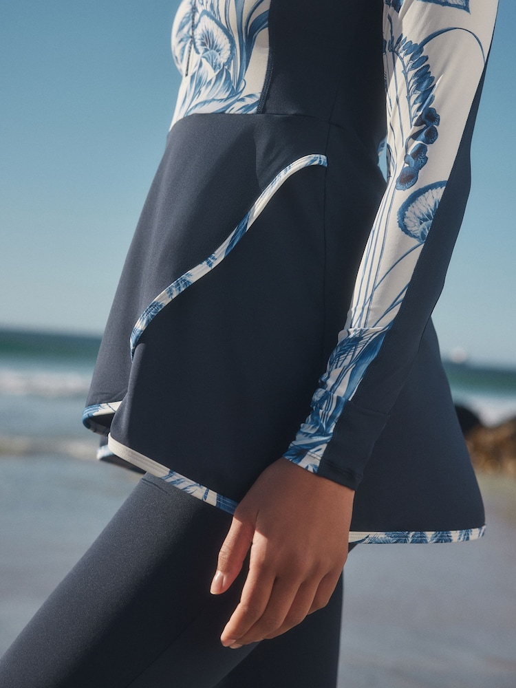Navy/White Floral Long Sleeve Modesty Burkini Shaping Swimsuit - Image 7 of 13