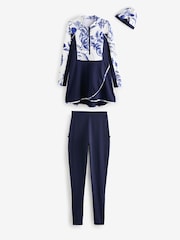 Navy/White Floral Long Sleeve Modesty Burkini Shaping Swimsuit - Image 8 of 13