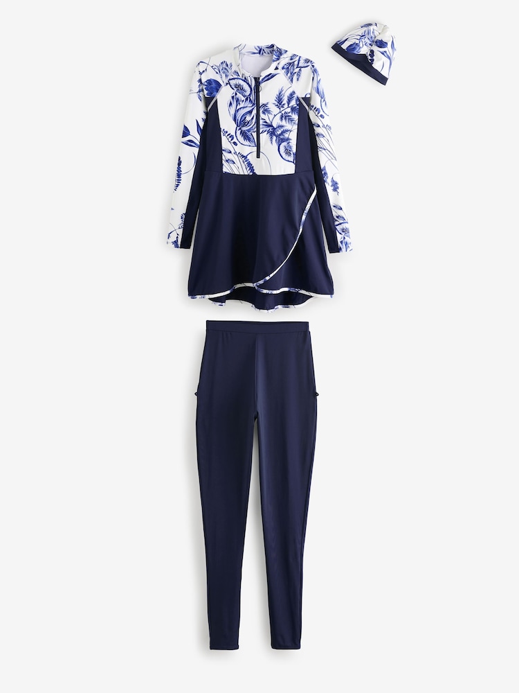 Navy/White Floral Long Sleeve Modesty Burkini Shaping Swimsuit - Image 8 of 13