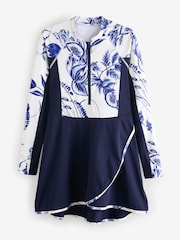 Navy/White Floral Long Sleeve Modesty Burkini Shaping Swimsuit - Image 9 of 13