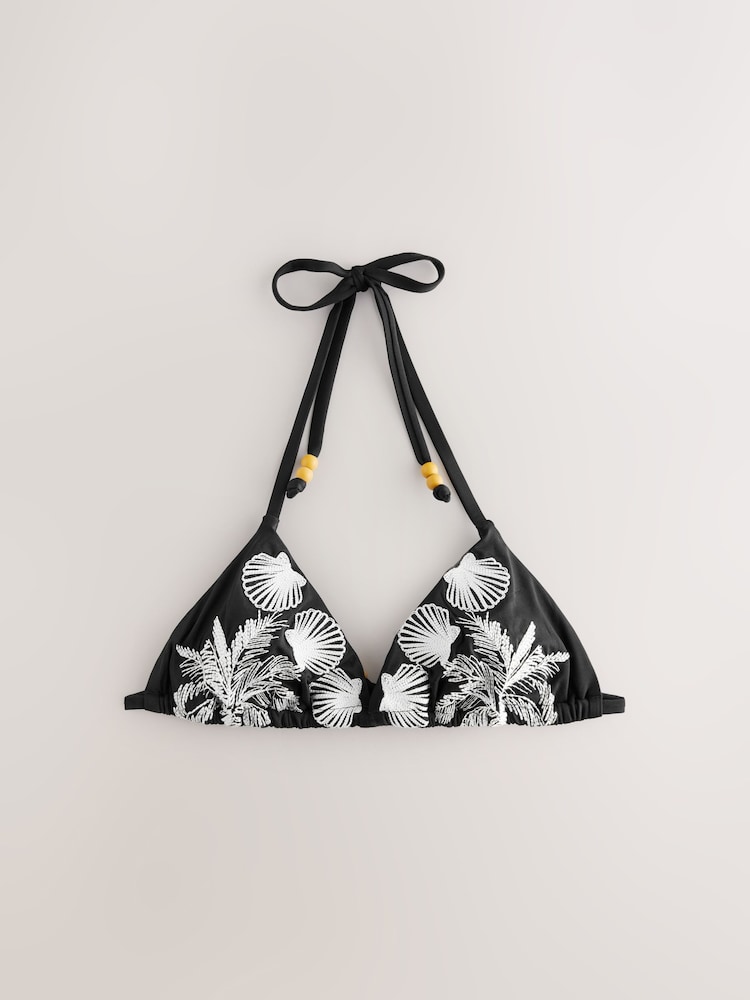 Zwart/crèmekleurig - Palm Embroidered Triangle Bikini Top - Image 6 of 8