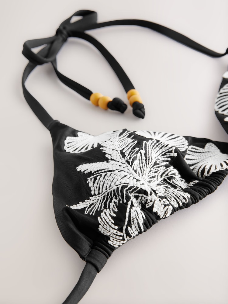 Zwart/crèmekleurig - Palm Embroidered Triangle Bikini Top - Image 7 of 8